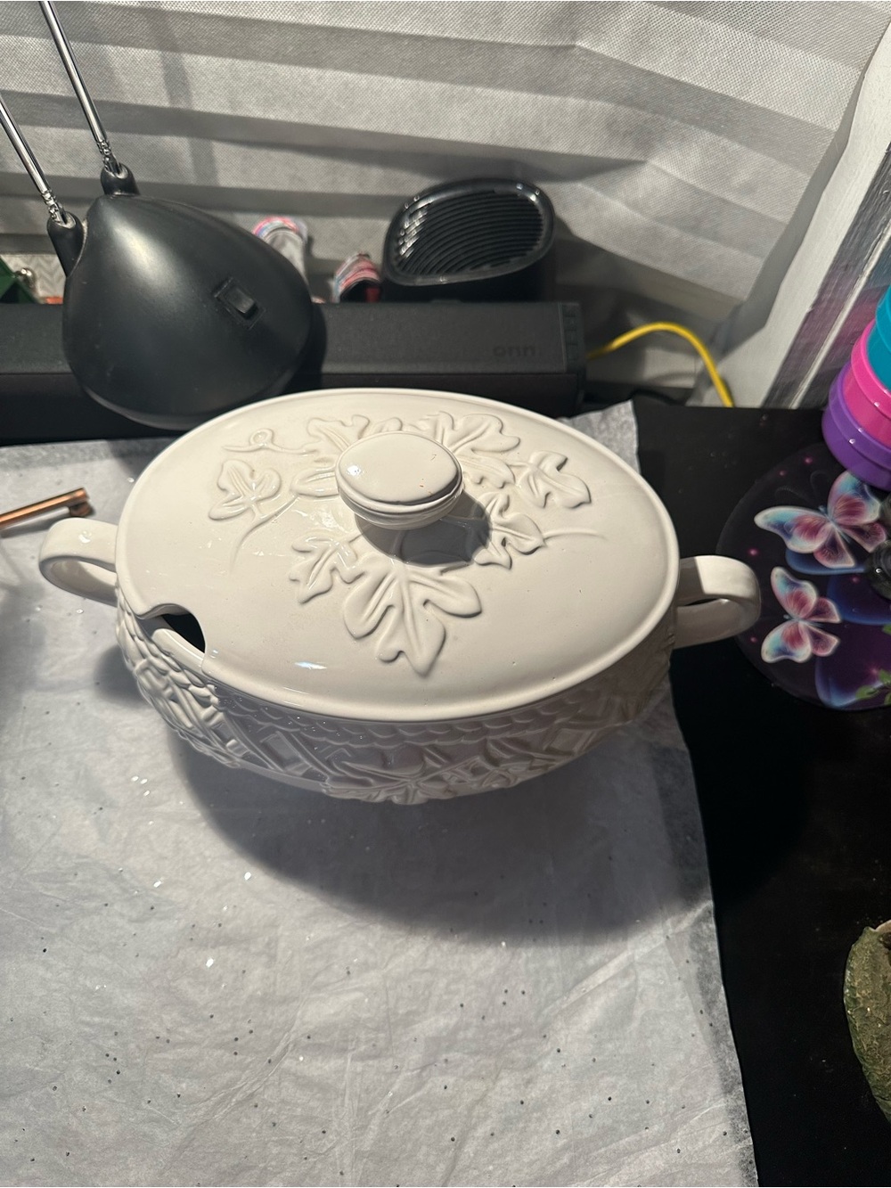 White Ceramic Covered Soup Tureen with Leaf Relief Design